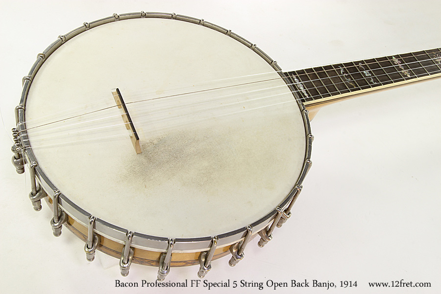 Bacon Professional FF Special 5 String Open Back Banjo, 1914 Top Tail View