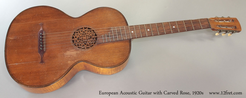 European Acoustic Guitar with Carved Rose, 1920s Full Front View