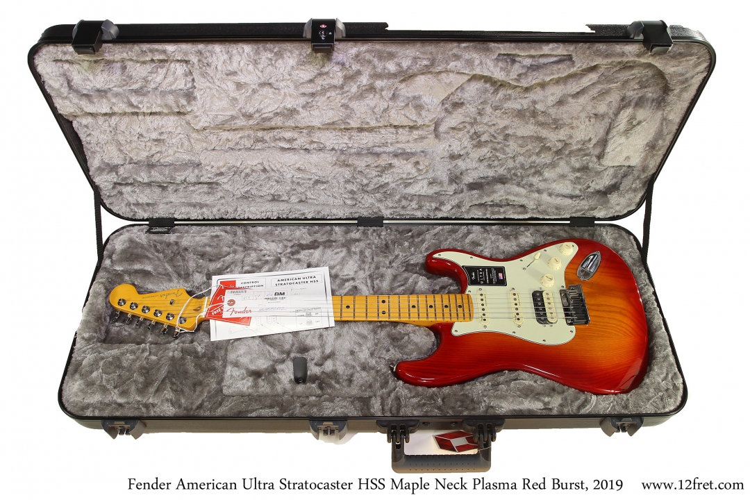 Fender American Ultra Stratocaster HSS Maple Neck Plasma Red Burst, 2019 Case Open View