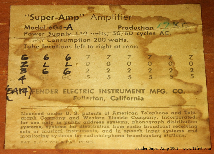 Fender Super Amp 1962 tube chart