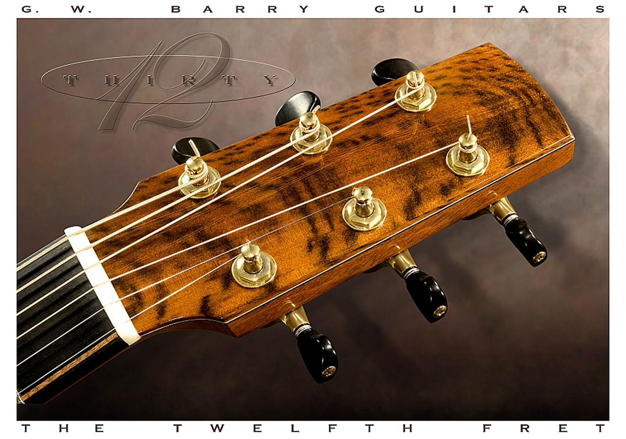 G W Barry 30-12 Koa 000+ Steel String Guitar 2016 Peghead View