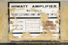 HIWATT Custom 100 DR-103 Tube Amplifier Head, 1981   Serial Plate View