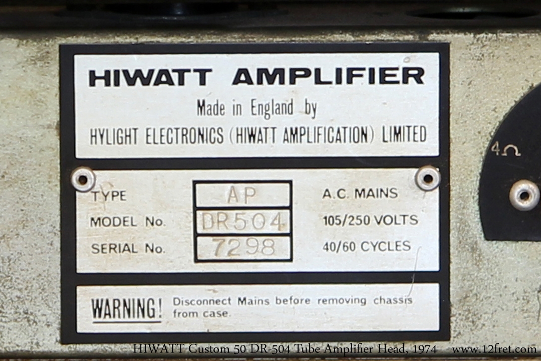 HIWATT Custom 50 DR-504 Tube Amplifier Head, 1974   Serial Panel View