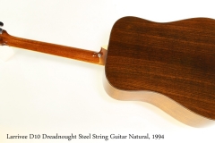 Larrivee D10 Dreadnought Steel String Guitar Natural, 1994 Full Rear View