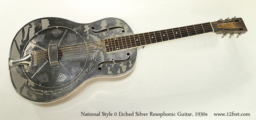 National Style 0 Etched Silver Resophonic Guitar, 1930s  Full Front View