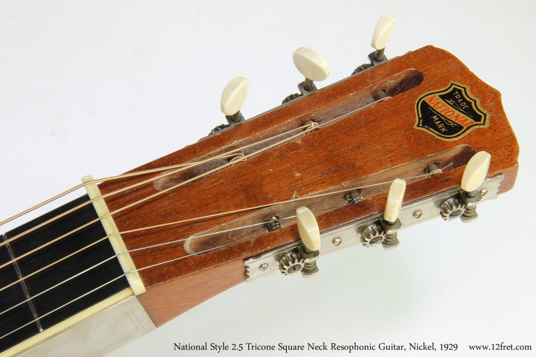 National Style 2-5 Tricone Square Neck Resophonic Guitar, Nickel, 1929  Head Front View