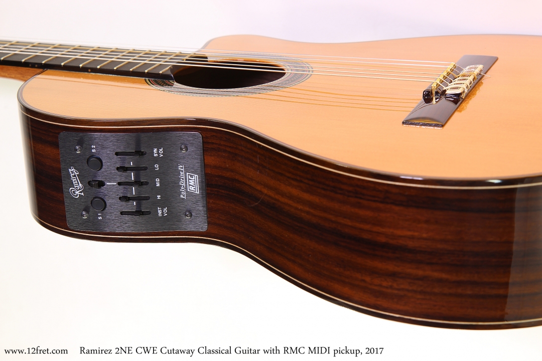 Ramirez 2NE CWE Cutaway Classical Guitar with RMC MIDI pickup, 2017  Controls and Bridge View