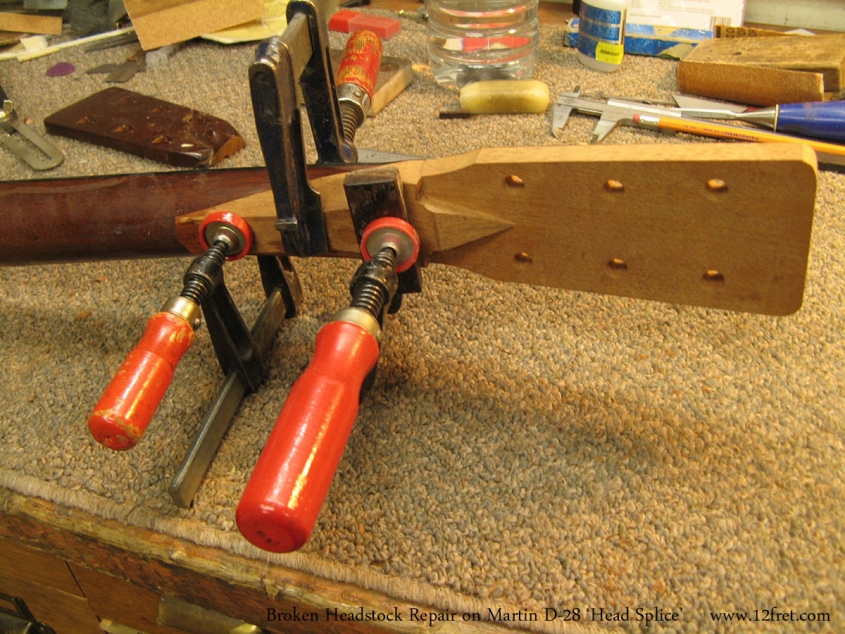 Broken Headstock Repair on Martin D-28 'Head Splice' Gluing New Head