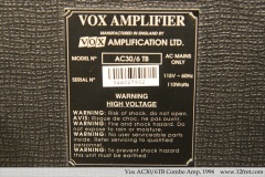 Vox AC30/6TB Combo Amp, 1994 Backplate View