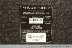 Vox AC30/6TB Combo Amp, 1999 Backplate View