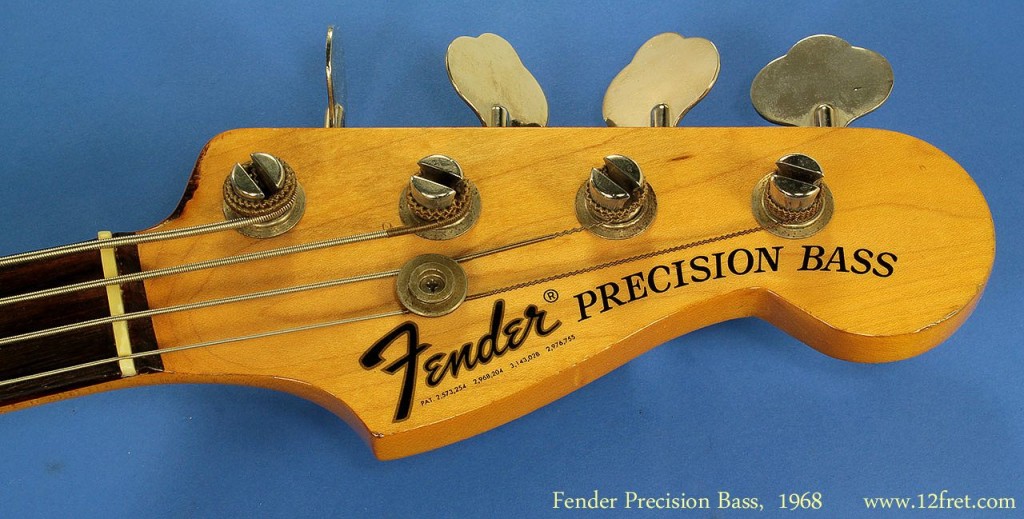 Here's a nicely refinished 1968 Fender Precision Bass. There have been lots of good reasons to refinish an old instrument, and this one was done professionally without significantly altering the edges or contours. The DiMarzio pickup was likely installed in the late 70's or early 80's for a punchier tone. This bass plays well, sounds and looks great.