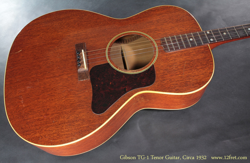 This is a Gibson TG-1 Tenor Guitar, circa 1932.    The dating is not exact for this period, but it was made between 1927 and 1937.  

Tenor guitars became very popular in the 1920's, going with the rise of the tenor banjo as a rhythm instrument for jazz type music.   Possibly first built in the dawn of the 20th century by Lyon and Healy - many of their guitars carried the brand name 'Washburn' - by 1920 most manufacturers built them.