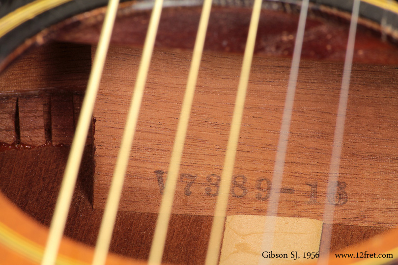 Here's a great 1956 Gibson SJ.   The SJ, a slope-shouldered jumbo, was introduced in 1942 and was available only in sunburst until 1954, when a 'natural' option appeared; that was called the 'Country Western' model in 1956.