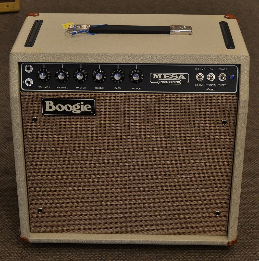 Here is a beautiful white tolex Mesa Boogie Mark 1 Reissue from Mesa in excellent condition! It features two volumes and one master volume, treble, bass, and middle controls, 100/60 watt selector, 