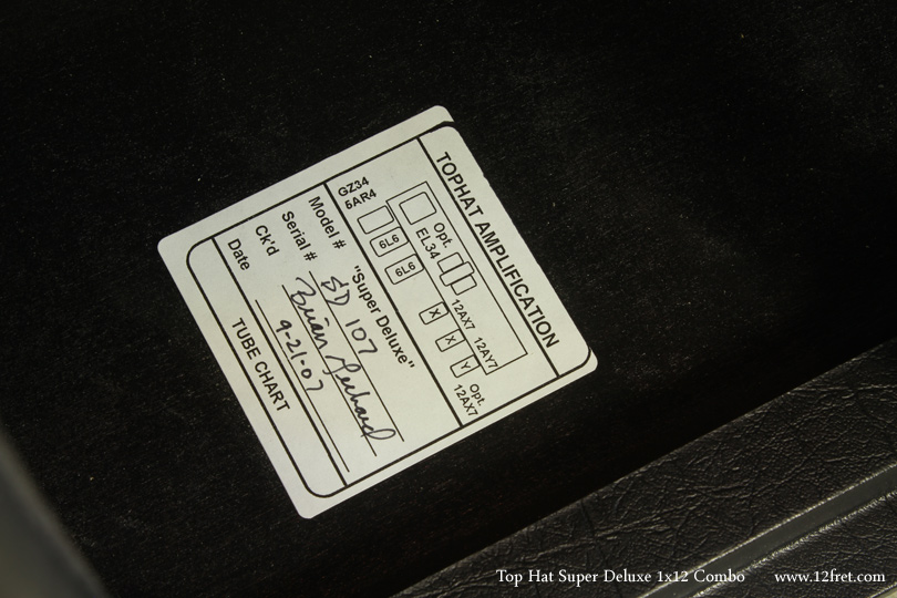 Something we don't see often - a 2007 Top Hat Super Deluxe Club 1x12 Combo Amplifier.  This wonderful little amp uses a Celestion Vintage 30 12 inch speaker and takes 6L6, 6V6 or EL34 tubes for 22 or 33 wattts.