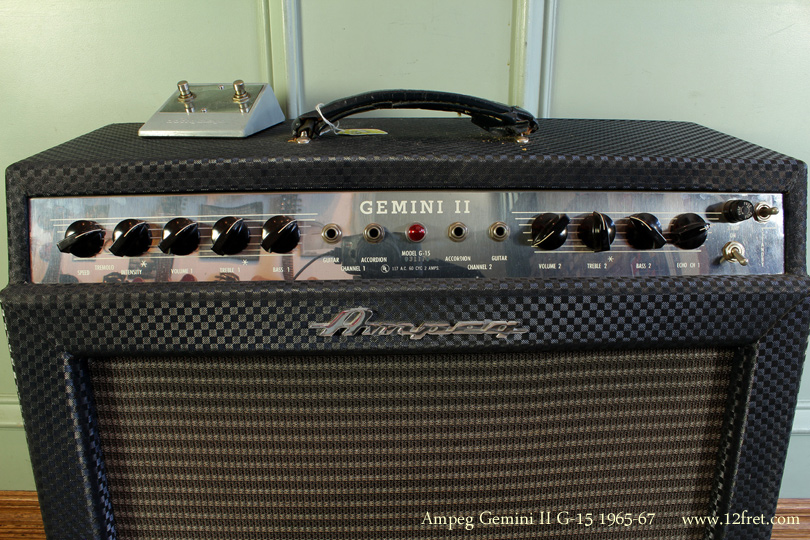 During the 1960's, Ampeg was a prominent player in the guitar and bass amp market.   This 1965-67 Ampeg Gemini II G-15 amplifier tops out at about 30 watts with one Jensen 15 inch speaker.  This example is in good working order;