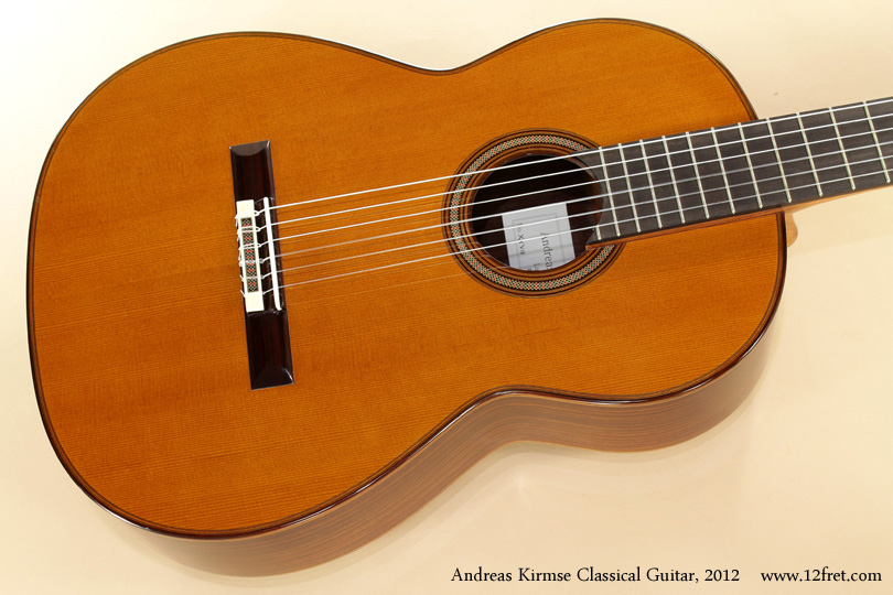 It is a joy to open a case and find an instrument like this 2012 Andreas Kirmse Classical Guitar.   Hand built with a double cedar top, rosewood back and sides with sound port on the upper bass bout, mahogany neck and raised ebony fingerboard, this fine instrument illustrates the high level of current classical guitar construction.
