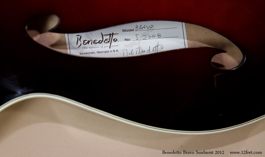 The Benedetto Bravo was introduced to meet a need for a top-quality archtop that a player could travel with.   The body uses a laminated spruce top and laminated maple back and sides - laminated woods are much less prone than solid woods to movement or cracking from natural changes in environmental temperature and humidity.