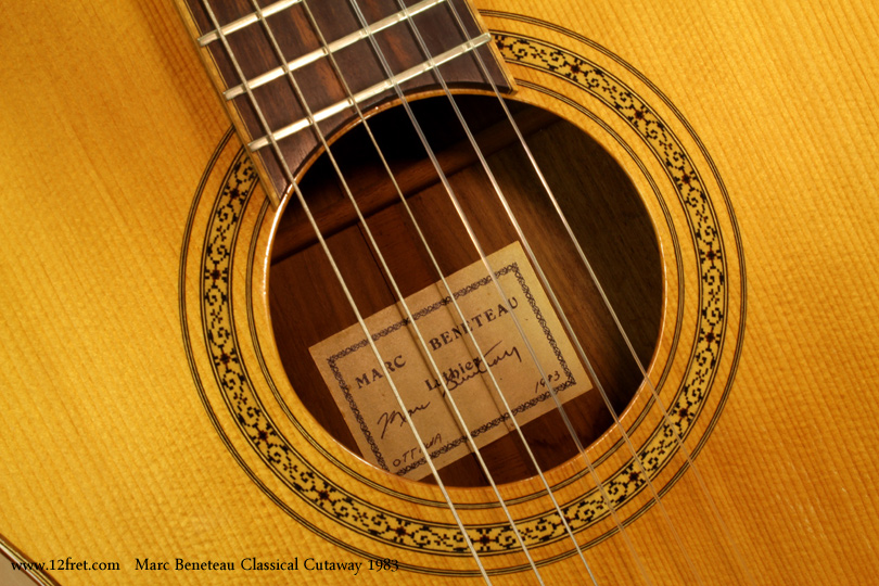 Marc Beneteau has been building instruments in Ontario since at least 1974, and in that time has produced many archtop, steel string and classical guitars, plus a few other instruments like dulcimers and ukuleles. This 1983 Marc Beneteau Classical Cutaway demonstrates Marc's skill and the quality of his workmanship.  The tone is rich and full,  with warm highs and deep lows.