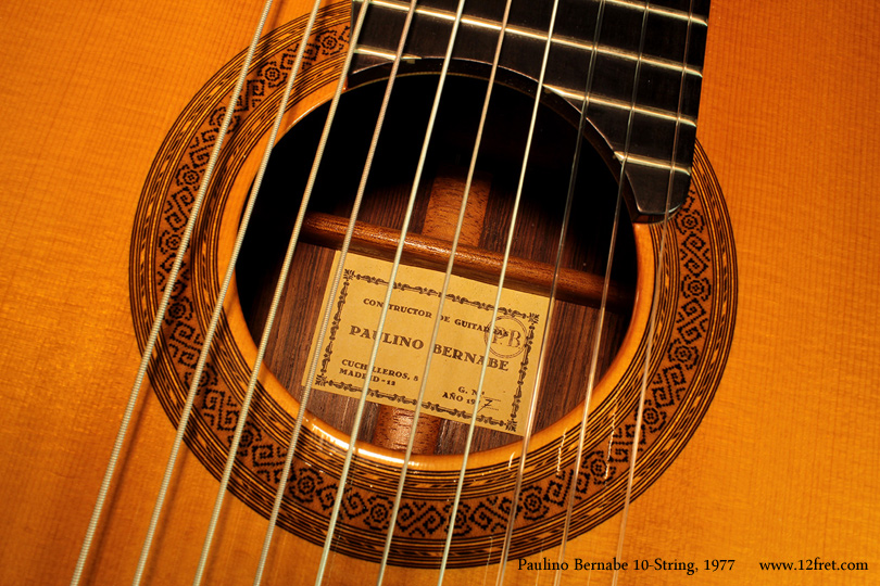 Here's something rare and wonderful - a Paulino Bernabe 10-String classical, from 1977.  This instrument is in very good condition with only small amounts of wear and a few small dings behind the bridge.    

Paulino Bernabe has a shop in Madrid, and is one of Spain's most respected luthiers.  He's been around guitar making most of his life; his father was a prominent figure in the Ramirez workshop and his family lived above it.  At 17, Berbabe began an apprenticeship in the Ramirez shop.