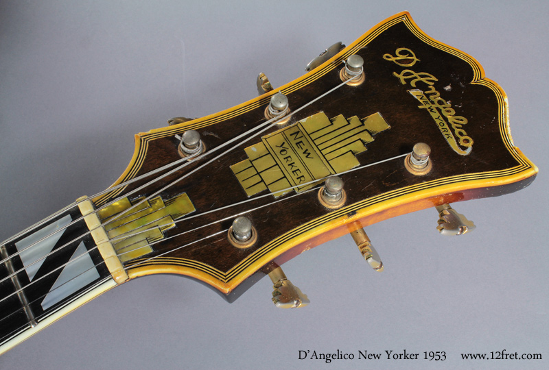 This is a 1953 D'Angelico New Yorker, rare and one of a limited number.  

John D'Angelico was born in New York City - the Lower East Side of Manhattan - in 1905.  His parents were immigrants from Naples, Italy.   As a boy, he worked in the instrument shop - building mostly traditional-style bowl-back mandolins and flat-top guitars - owned by his uncle Ralphael Ciani and D'Angelico took over around the age of 18, when Ciani died.  Around 1932, he opened his own shop and was building archtops based on the popular Gibson design used by many big-band guitarists.    In 1952, he took as an apprentice James D'Aquisto, who ultimately bought the business following D'Angelico's death in 1964 at age 59.