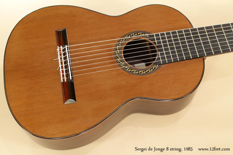 This 1985 Sergei de Jonge 8 string classical guitar is in very good condition and has a full, rich tone with sparkling highs and really way down deep lows.   It's really a remarkable experience to sit and play an instrument like this!