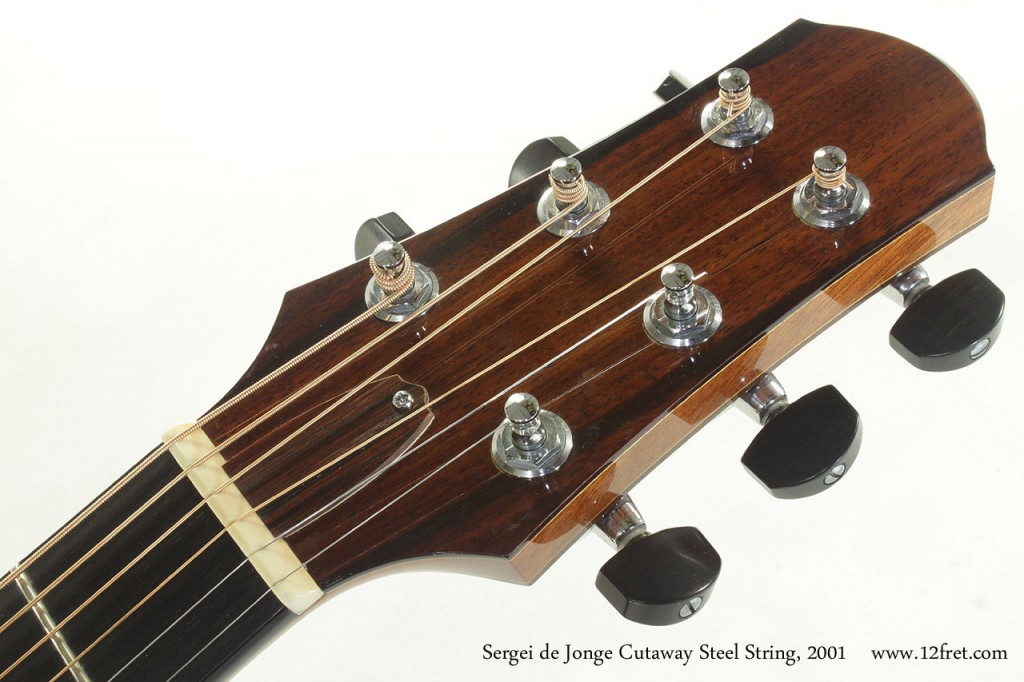 The example of a 2001 Sergei de Jonge cutaway steel string demonstrates many of the qualities of Sergei's skill.   The workmanship and joinery are very good, and the design is very successful visually and tonally.