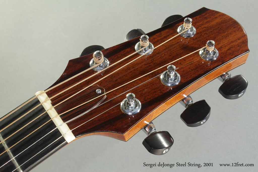 Tonally, this  2001 Sergei de Jonge cutaway steel string is huge. It's fairly loud, the highs are rich and sparkling, the midrange is fully represented and the bass strings have the bell-like resonance of a plucked Grand.   This could be a spectacular instrument to sit and  play - or listen to - or record.