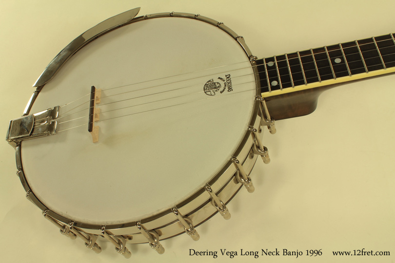 This 1996 Deering Vega Long Neck Banjo is the long neck version of the Vega # 2 banjo as played by Pete Seeger. 

It's an open back model featuring an AAA-Curly-Maple neck with ebony fretboard, Tube-a-phone tone-ring, Historic “bracket band”, and Deering tailpiece.  The current new price for this model is $3,995.00.