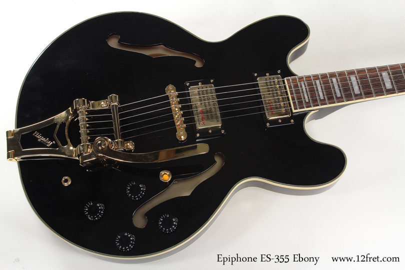 Presenting the Epiphone ES-355 Ebony!    The ES-355 was introduced by Gibson in 1958 and was an instant hit.   The combination of arcthop tone and class, and solidbody sustain, brightness and feedback rejection at volume makes the design extremely verstatile.