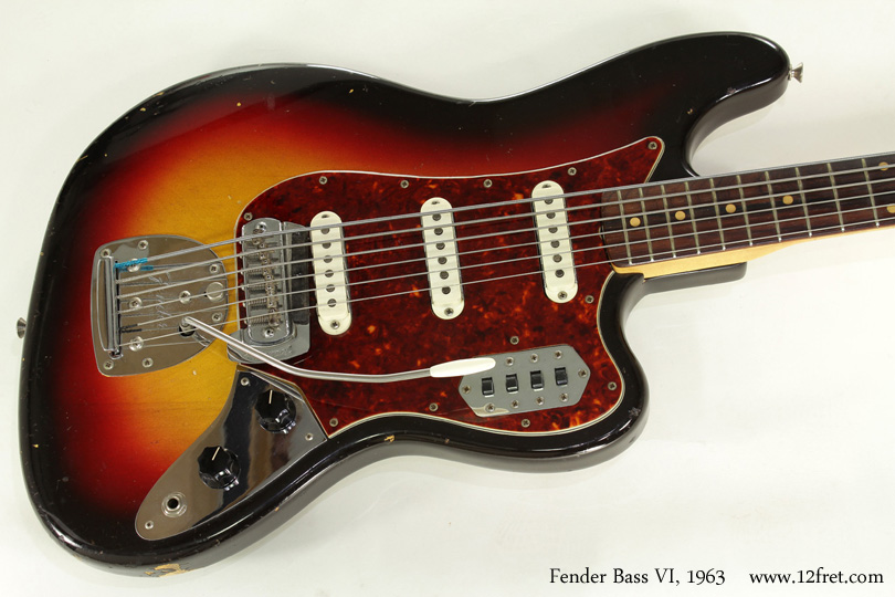 Relatively rare, this 1963 Fender Bass VI is in good visual, working and playing condition.   Introduced in 1961 and built till 1975, Leo Fender intended the Fender Bass VI to be both a bass and a baritone guitar.   But it was never the roaring success that the Precision Bass, the Telecaster or the Stratocaster were, and only about 800 of the original design were made.   However, some of those 800 appear in influential music of the time, including the Lovin' Spooful albums, The Beatles White Album, Let It Be and Abbey Road.