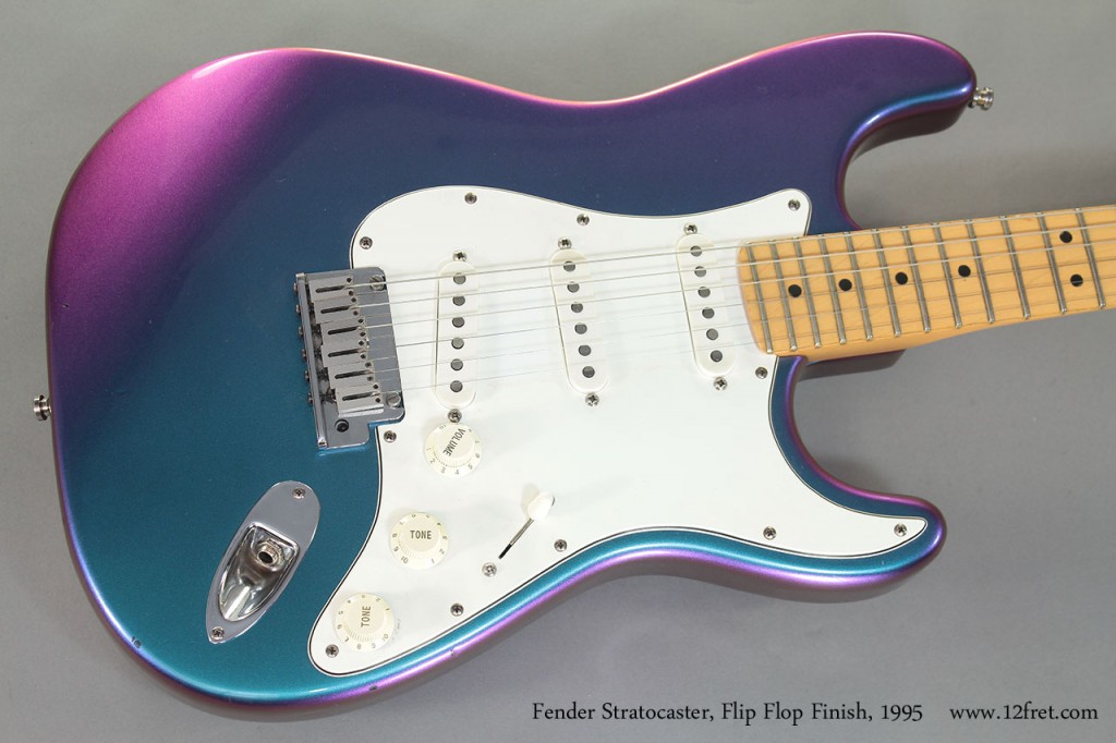 Here's something cool and unusual - a 1995 Fender Stratocaster Flip Flop Finish.    The Flip Flop finish offers a range of looks - what colour it shows depends on the viewing angle.  From some directions, this instrument is blue or teal, from others, it's trending to purple.
