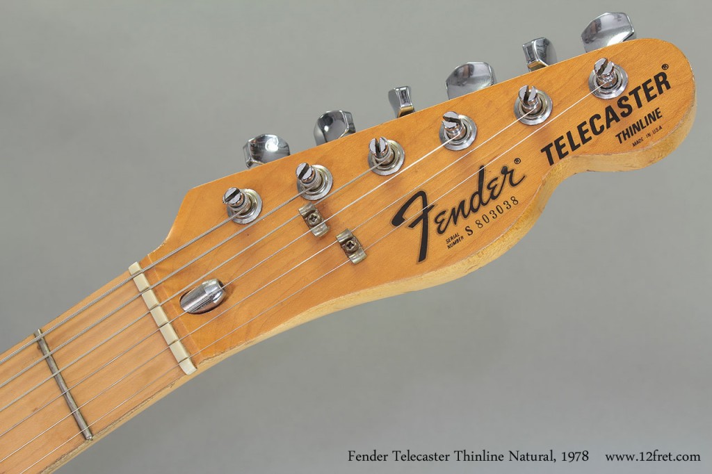This example of the 1978 Fender Telecaster Thinline Natural is in good playing order, with some normal play wear and dings.   At some point two holes were made on either side of the bridge and these have been plugged.   There is a moderate amount of fretwear and some finish wear along the treble side of the fingerboard; this guitar has been played!