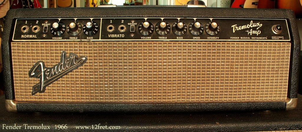 Here we have a 1966, CBS-era blackface Tremolux head with the original 2x12 cabinet. The Tremolux was introduced in 1955 as a 15-watt amp with 6V6 tubes, and as a 35-watt amp with 6l6's was discontinued in summer 1966.