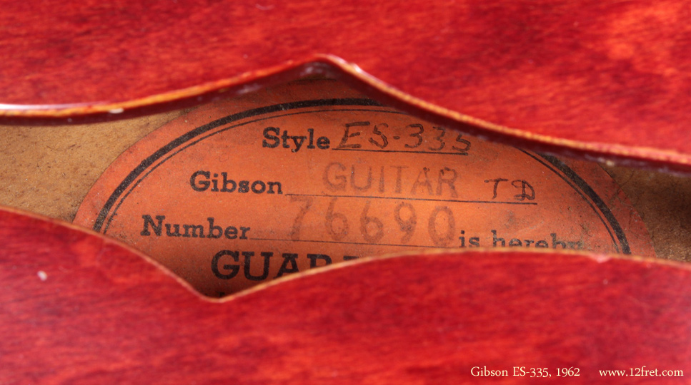 Here's a very nice 1962 Gibson ES-335.   The ES-335 was introduced in 1958 with dot markers (hence the early, prized 'dot neck' versions) and the new PAF -- Patent Applied For -- pickups, and was an instant hit.