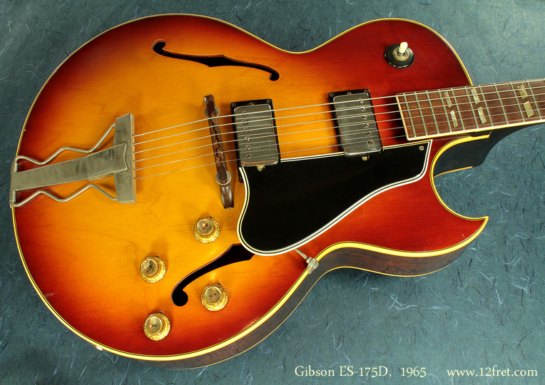 Here is a lovely Gibson ES-175D from 1965.   It's in good condition and sounds great.   Cherry lacquer sunburst finishes fade in a very attractive manner, and this one is no exception. 

The ES-175 was introduced in 1949 as a lower cost, electric version of the L-4, and was the first Gibson electric to feature the pointed 'Florentine' cutaway.   It's been in production ever since.   Until 1953, the ES-175 was a single pickup guitar; at that point a second pickup was added and the guitar became the ES-175D.  In 1957, the new Gibson humbuckers were added.