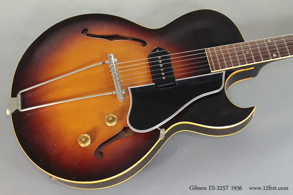 Built from 1955 to 1959, the Gibson ES-225T was a thinline but fully hollow, single P-90 pickup, florentine cutaway guitar.   In 1956, a two pickup version was introduced, the ES-225TD.