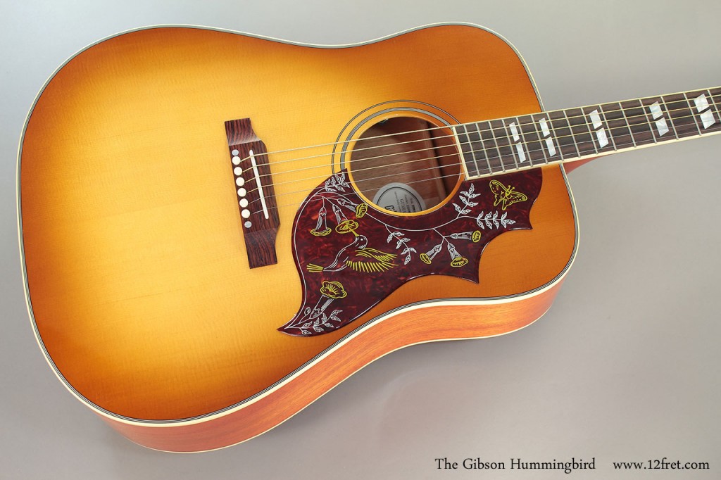 One of the true classics, the Gibson Hummingbird is instantly recognizable by its square-shoulder dreadnought design,  rich warm tone,  and distinctive hand-painted pickguard.