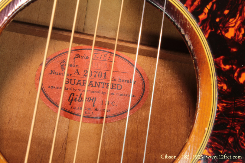 Here is a lovely 1955 Gibson J-185 Sunburst.    Introduced in 1951 as a smaller alternative to the big Super Jumbo models like the J-200, the J-185 offers similar aesthetics (though it's nowhere near as decorated!) with a shorter scale length (24.75 inch, as with the J-35 and most Gibson electrics).