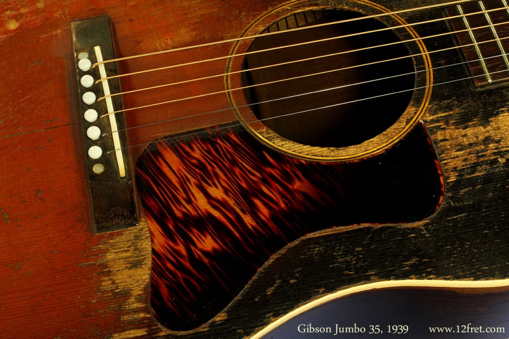 Guitars are wonderful as works of art, but equally fascinating is the story of their use.   This 1937 Gibson J-35 is an authentic piece of Canadian musical history.   It worked at a lot of shows and dances during the late 1930's and 1940's in New Brunswick and Prince Edward Island, and built a lot of character during that time.