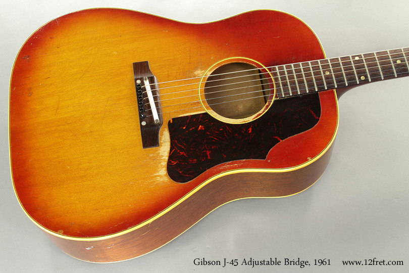 It's always a pleasure to play guitars like this 1961 Gibson J-45 adjustable bridge.  The body design and neck shape are very comfortable, and they produce an envelopingly warm, rich tone, especially if they've been part of a lot of playing over the decades, as this one has.