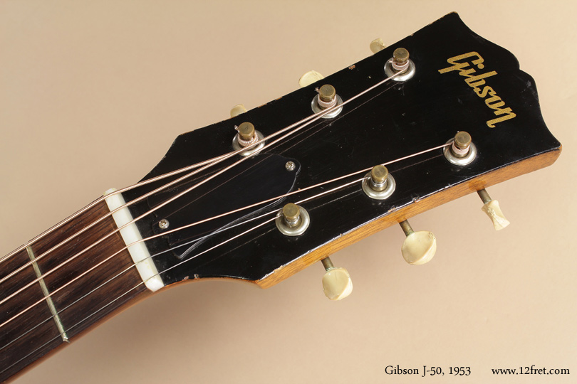 This 1953 Gibson J-50 demonstrates why Gibson flat-tops are so desirable.  It has obviously been used as the makers intended, and has had the service that any 60-year old might need.   And the sound is incredible!   Full, bright, LOUD, crisp and even, this guitar has exceptional tone and would be a very positive addition to any trac