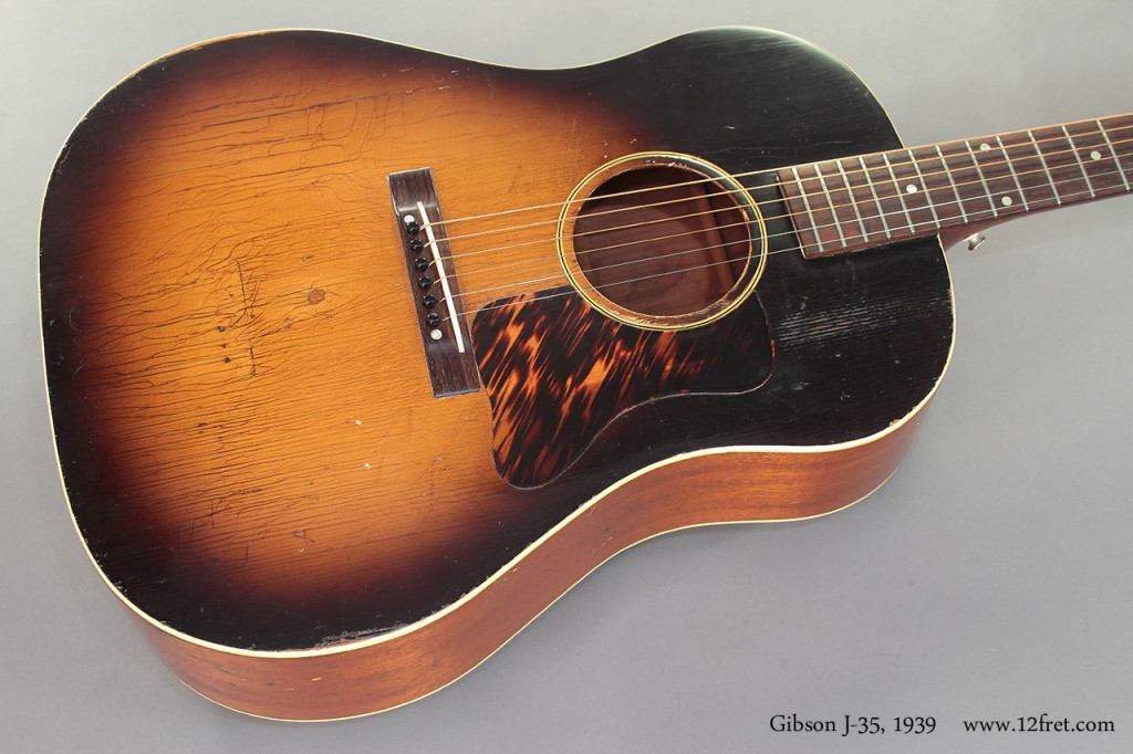 The Gibson J-35 featured a spruce top with mahogany for the back, sides and neck, and rosewood for the fingerboard and bridge.   Originally, the available finish was sunburst, as this hides many visual flaws in otherwise good-sounding and usable wood, which in turn lowers costs and price.