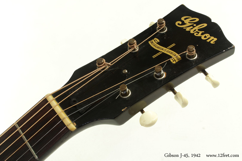 Here's an original - a 1944 Gibson J-45, built during the first year of production.   Drawing heavily on the design of the just-discontinued J-35, the J-45 mostly differs with stiffer X bracing, tall, thin and scalloped top bracing,  a fatter, non-V neck profile, and only being available with a sunburst finish.