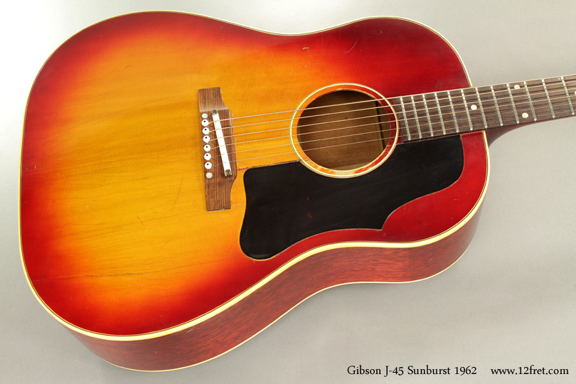 Here's a 1962 Gibson J45 Sunburst in good playing condition - and with that great vintage J-45 sound. The Gibson J-45 was introduced in 1942, and has been in production ever since.