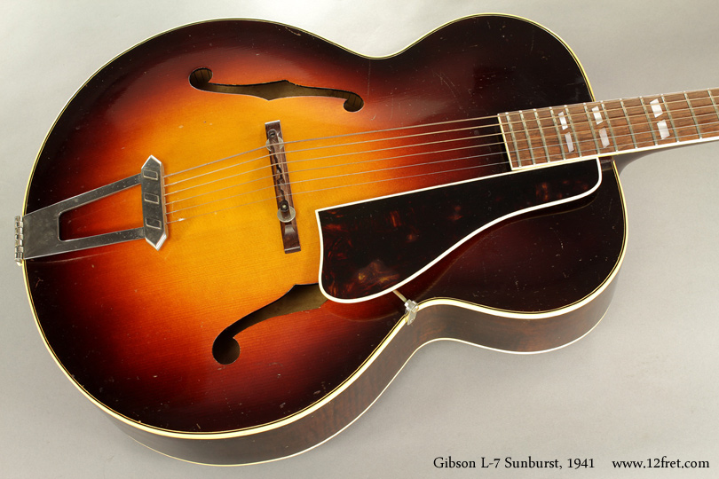 Today we have a very clean 1941 Gibson L7 Sunburst Archtop Guitar.   This guitar comes with a copy of the original sales contract, to a young man about to go into the US Coast Guard.