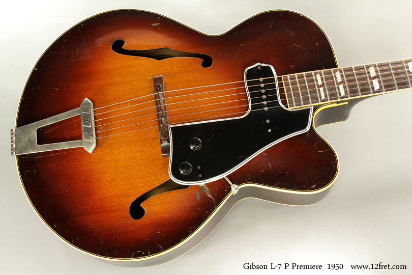 Here is a wonderful 1950 Gibson L-7 P Premiere Cutaway Archtop.  Gibson was a major player in the Archtop guitar world, with Epiphone as its main rival.  And of course, after WW2 the volume wars were still being fought and amplification was the coming thing for guitars.    In 1948, Ted McCarty filed a patent for the pickguard-mounted pickup assembly seen on this instrument (the patent was issued as #2,567,570 on September 11, 1951) and many others dating from its introduction at the 1948 Summer NAMM show until the mid 1950's.