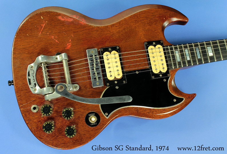 The Gibson SG has been a workhorse since its introduction.  Versatile and capable, it has been used in pretty much every style of music. 

This 1974 example shows a fair amount of wear, which really means that the guitar has been used for its intended purpose and has proved it can really do the job!
