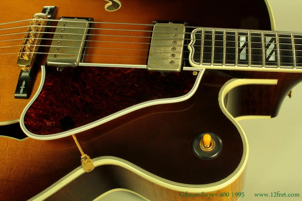 The Super 400 used to be seen on many big stages with top players in top acts, like Merle Travis, Scotty Moore and Kenny Burrell. Now they are hardly seen, and Gibson doesn't make many of them - they are mostly built to order. This 1995 model is in great shape, a big guitar with a big sound and a commanding presence.