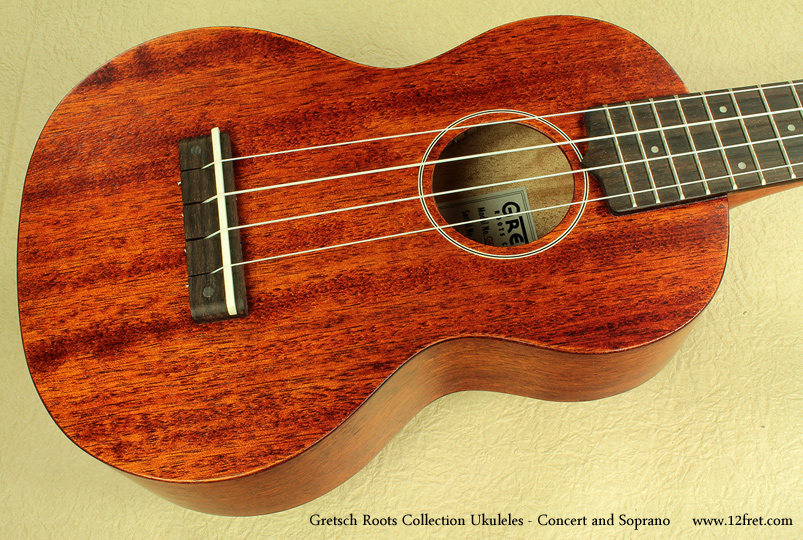 The Ukulele has been making a strong comeback in popularity.  Their portability, musical versatility and relatively low cost are big factors in this.

We carry a wide range of brands and models of Ukuleles, from inexpensive wooden soprano ukes to expensive metal-body resonator concert models. 

Gretsch has released as part of their 'Roots Collection' a number of ukuleles, and here are two of them - the G9100 soprano and the G9110 Concert. 

These are built of solid mahogany for the body, with mahogany necks and rosewood fingerboard and bridge. 

The one shortcoming with these instruments is the stock friction tuners, so we've upgraded the tuners on these instruments to Grover Sta-Tites.